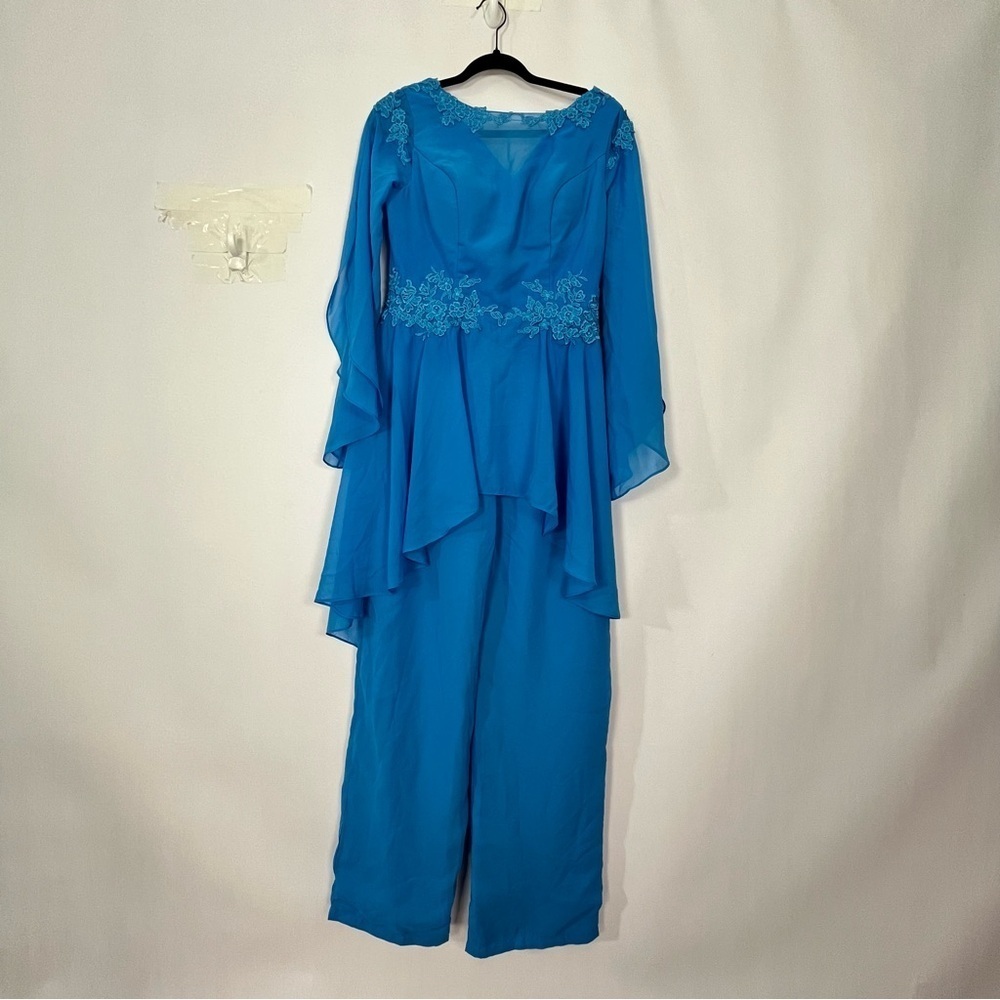 Aqua Blue Flutter Sleeves Jumpsuit Pants suit Romper with lace appliqué NWT - Picture 2 of 7
